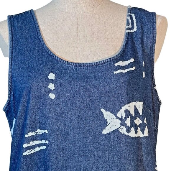 Blue J Denim Jean Jumper Dress Size Medium Fish Print Abstract Y2K Cotton VTG - Picture 3 of 9